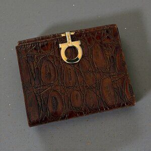 Salvatore Ferragamo Croc Embossed Leather Compact Wallet